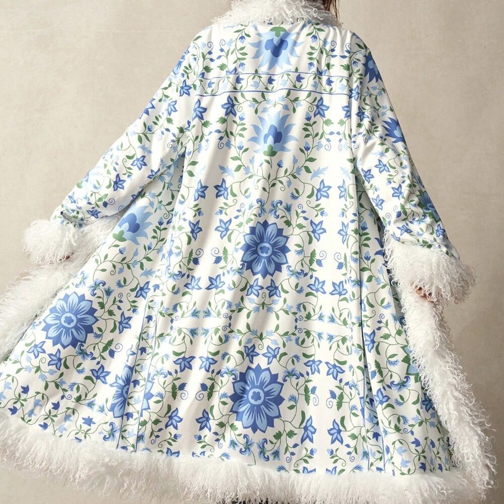 Boho Blues Women's Floral Print faux fur Fringe Trim Jacket - Picture 3 of 9